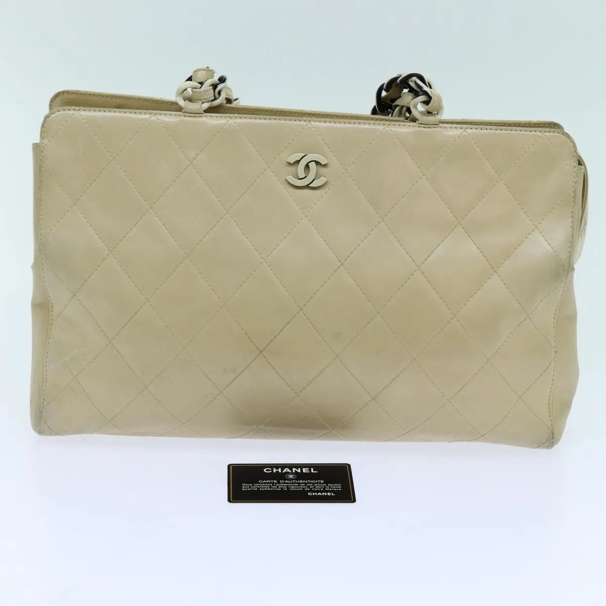 CHANEL Matelasse Chain Tote Bag Leather Beige CC yk11588