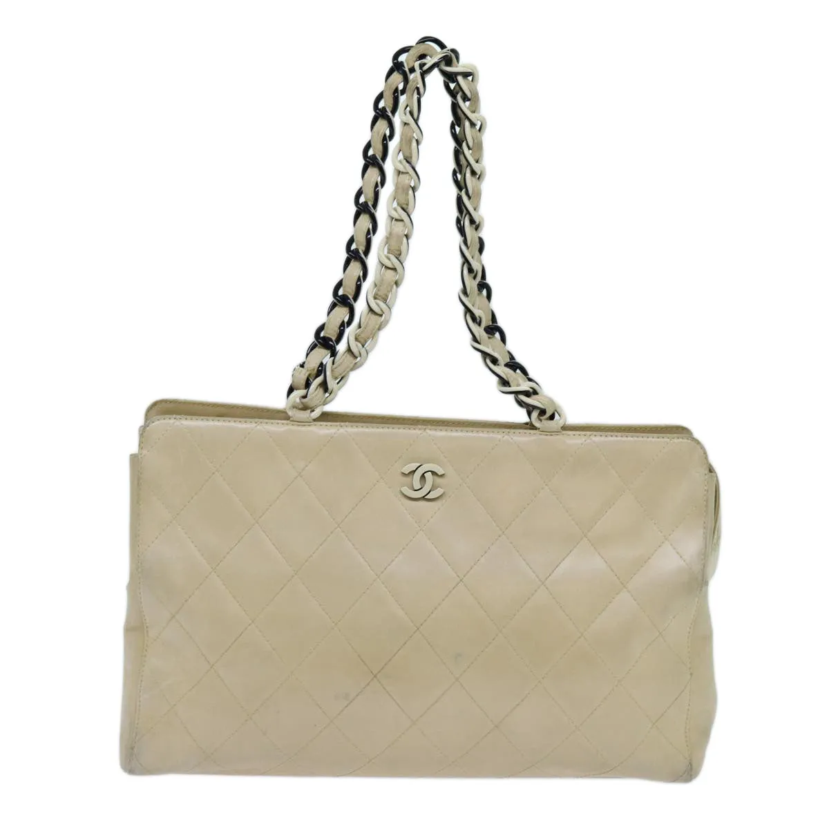 CHANEL Matelasse Chain Tote Bag Leather Beige CC yk11588