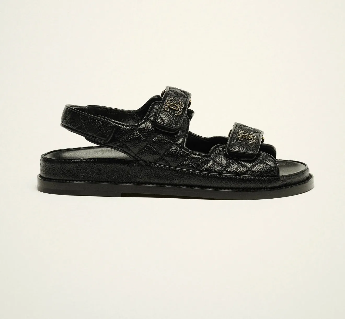 CHANEL SHINY LAMBSKIN QUILTED LEATHER SANDALS IN BLACK, 36.5