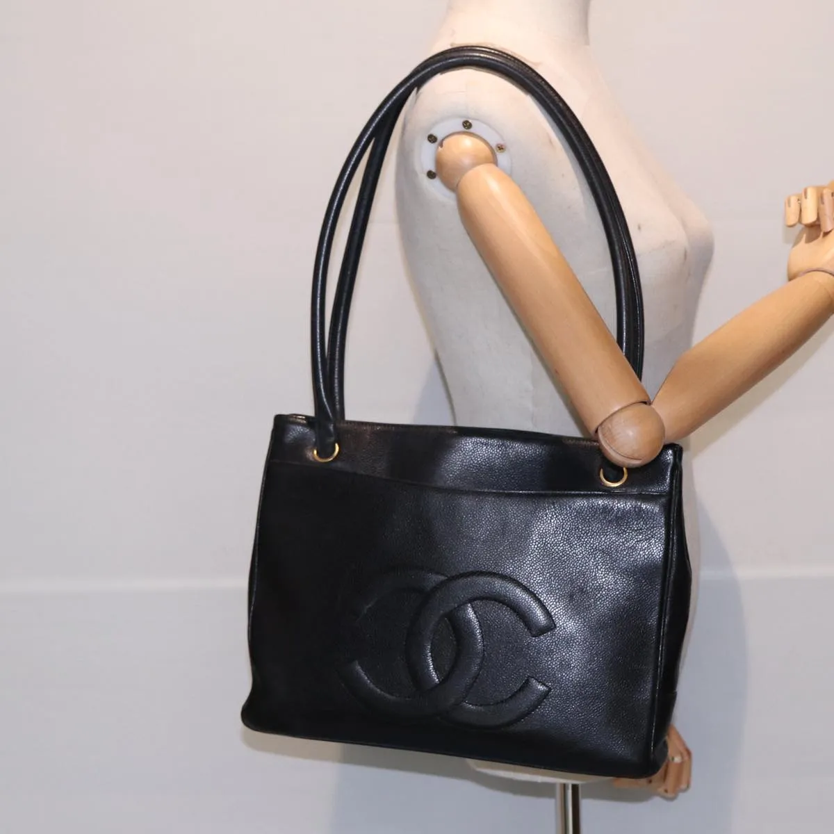 CHANEL Tote Bag Caviar Skin Black Gold CC bs17526