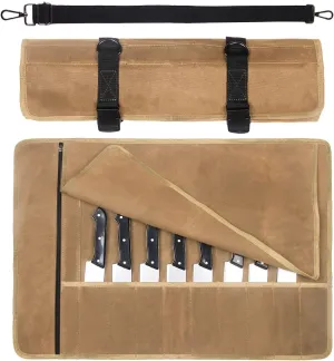 Chef Knife Roll Bag,Waxed Canvas Knife roll bag,Portable 10 Slots Chef Knife case with 1 Zipper Pockets,Heavy Duty Knives Roll Bags for Chef Case for Camping and Hold Home Kitchen Knife Tools Up