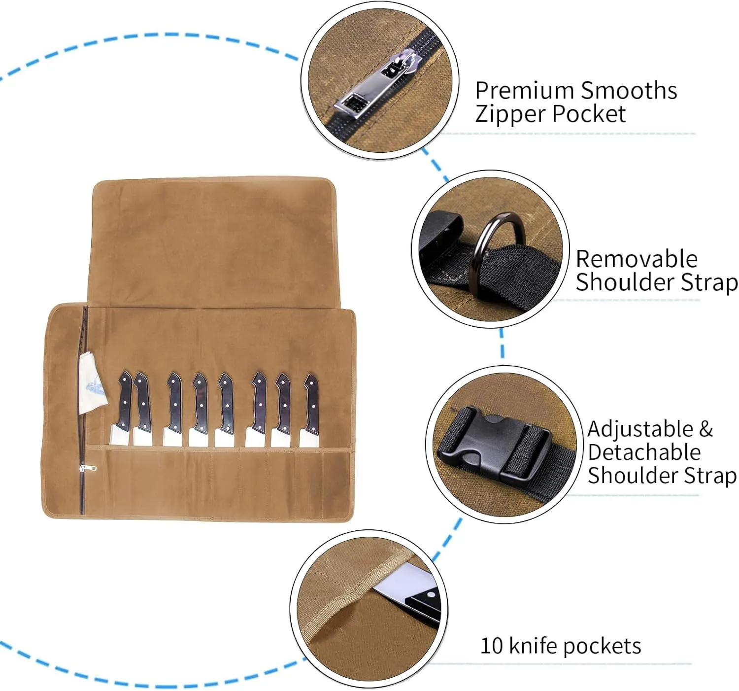 Chef Knife Roll Bag,Waxed Canvas Knife roll bag,Portable 10 Slots Chef Knife case with 1 Zipper Pockets,Heavy Duty Knives Roll Bags for Chef Case for Camping and Hold Home Kitchen Knife Tools Up