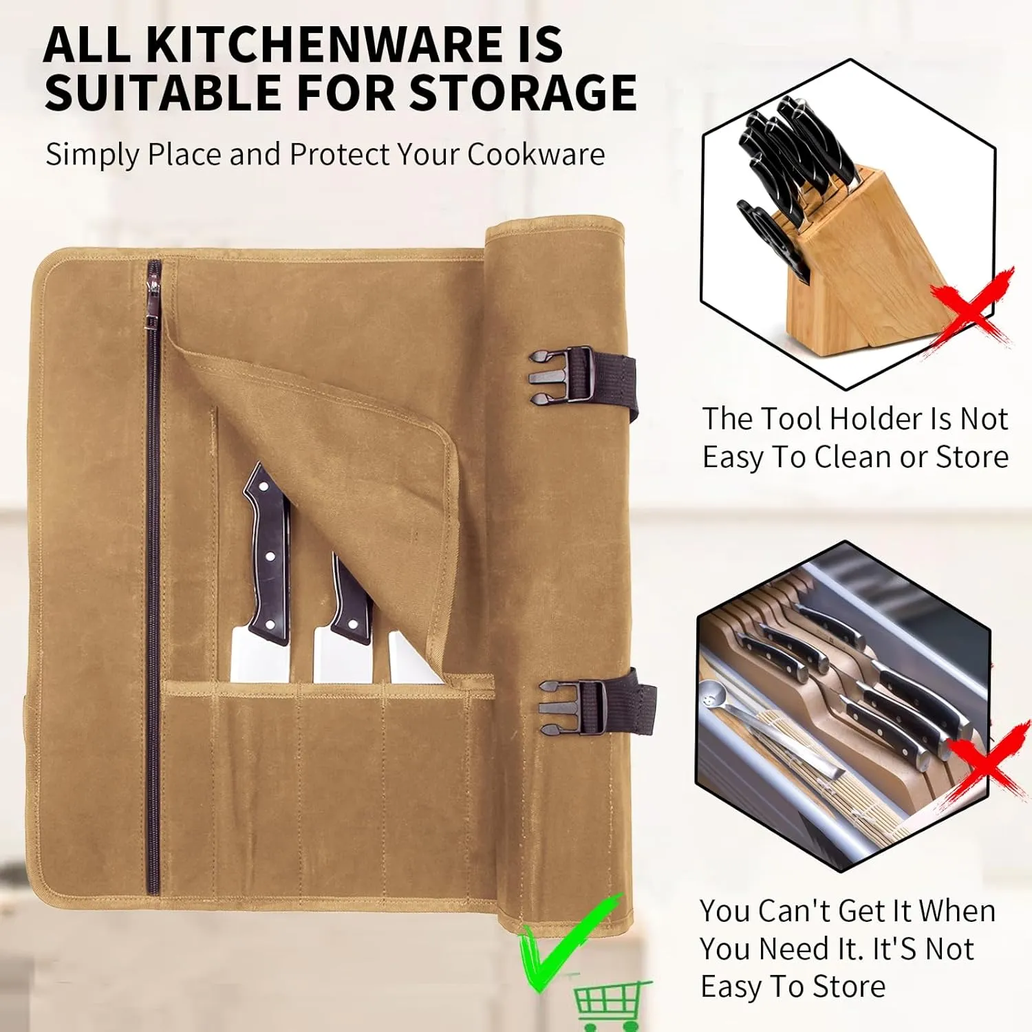 Chef Knife Roll Bag,Waxed Canvas Knife roll bag,Portable 10 Slots Chef Knife case with 1 Zipper Pockets,Heavy Duty Knives Roll Bags for Chef Case for Camping and Hold Home Kitchen Knife Tools Up