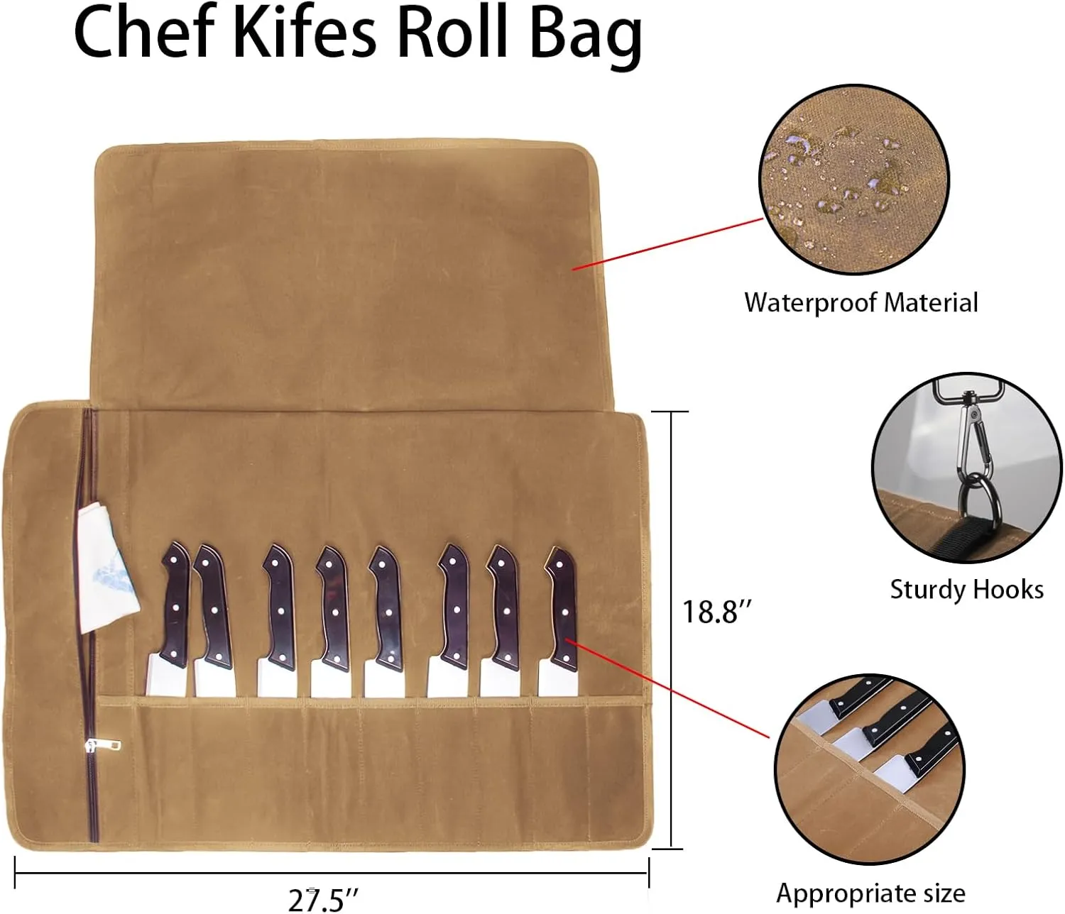 Chef Knife Roll Bag,Waxed Canvas Knife roll bag,Portable 10 Slots Chef Knife case with 1 Zipper Pockets,Heavy Duty Knives Roll Bags for Chef Case for Camping and Hold Home Kitchen Knife Tools Up