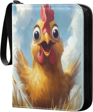 Chicken with Big Eyes Oil Painting Cards Binder 4 Pocket Fits 400 Cards with 50 Removable Sleevesves, Trading Card Collector Zipper Album Holder Portable Card Games Display Storage Cases
