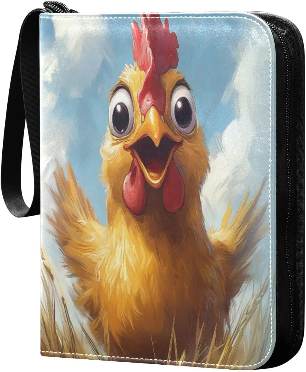 Chicken with Big Eyes Oil Painting Cards Binder 4 Pocket Fits 400 Cards with 50 Removable Sleevesves, Trading Card Collector Zipper Album Holder Portable Card Games Display Storage Cases
