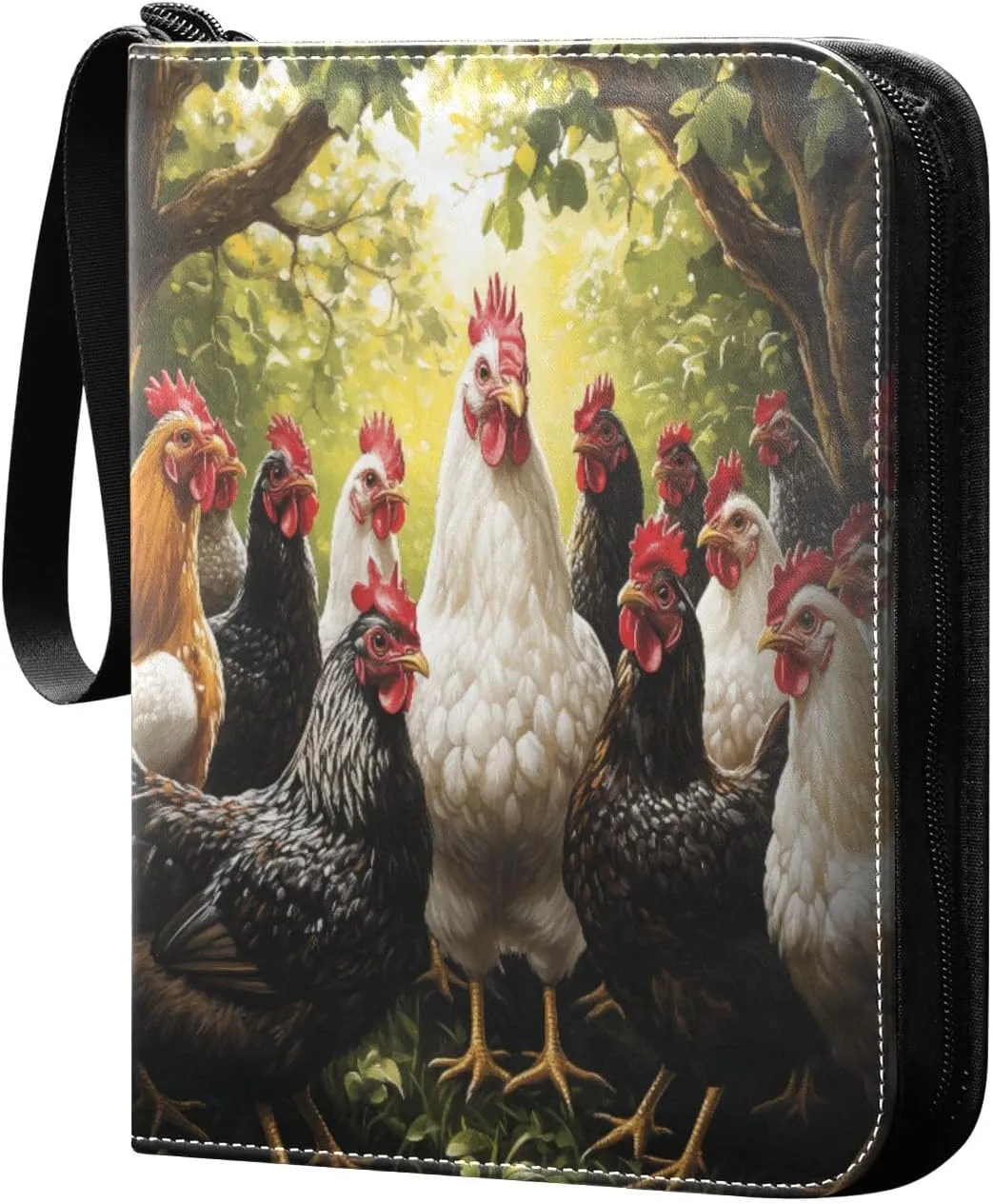 Chickens Oil Painting Cards Binder 4 Pocket Fits 400 Cards with 50 Removable Sleevesves, Trading Card Collector Zipper Album Holder Portable Card Games Display Storage Cases
