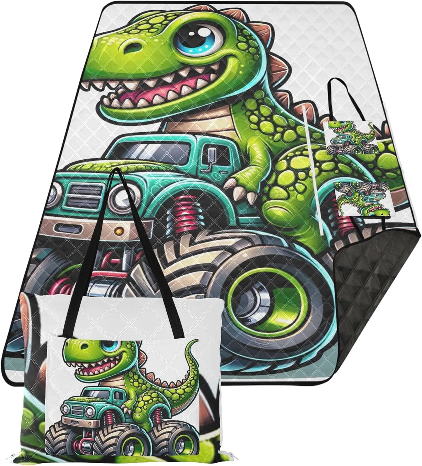 CHIFIGNO Cartoon Dinosaur Monster Truck Beach Mat Sand Free Waterproof Cute Picnic Essentials Foldable Floral Tent Rugs for Camping Mat 80" x 60"