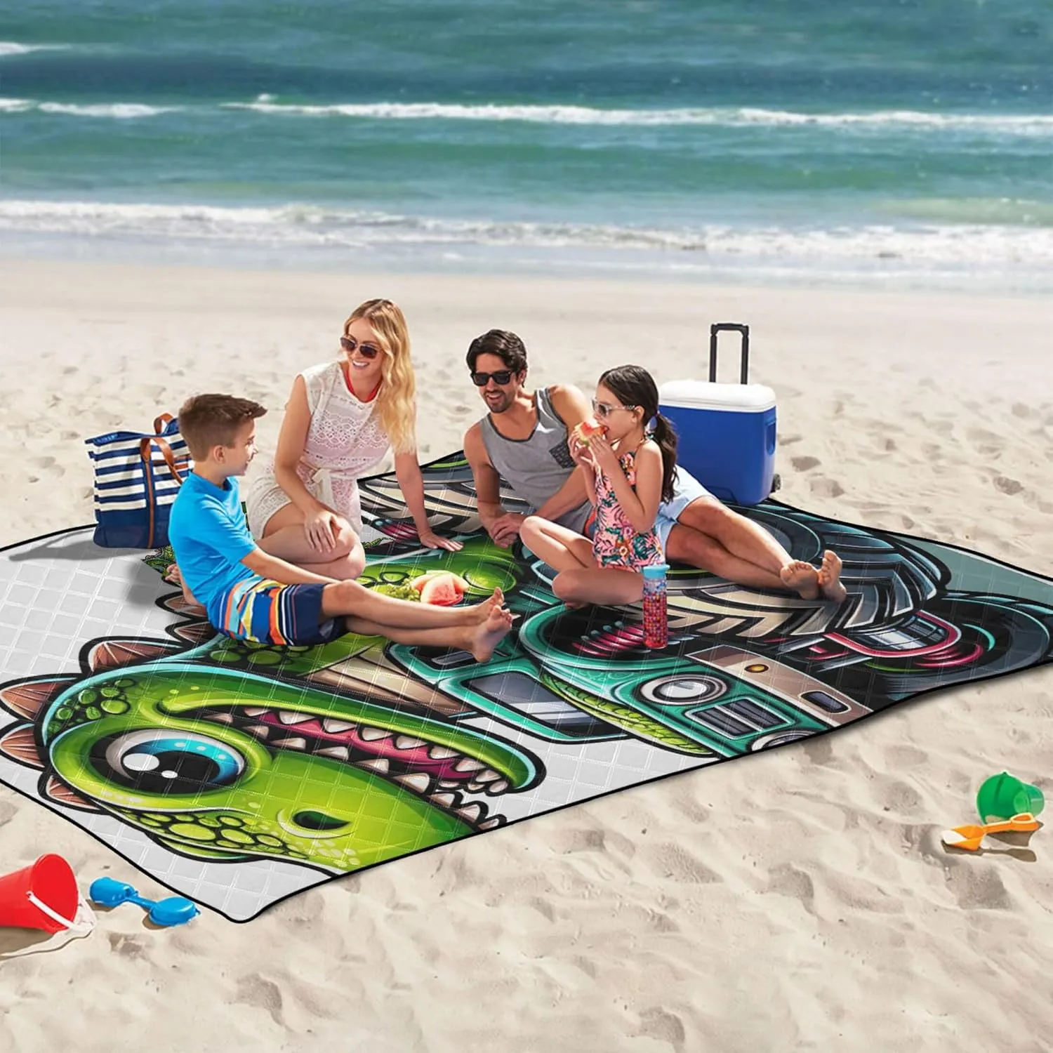 CHIFIGNO Cartoon Dinosaur Monster Truck Beach Mat Sand Free Waterproof Cute Picnic Essentials Foldable Floral Tent Rugs for Camping Mat 80" x 60"
