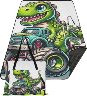 CHIFIGNO Cartoon Dinosaur Monster Truck Beach Mat Sand Free Waterproof Cute Picnic Essentials Foldable Floral Tent Rugs for Camping Mat 80" x 60"