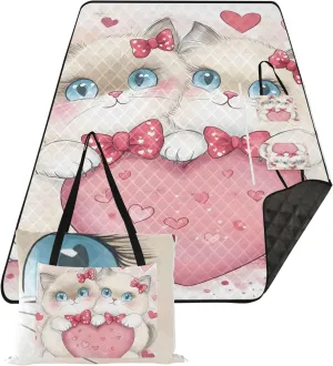 CHIFIGNO Cute Valentine Kittens Heart Pink Pink Picnic Blanket Foldable Sand Proof Beach Blanket Waterproof Floral Outdoor Camping Mat 80" x 60"