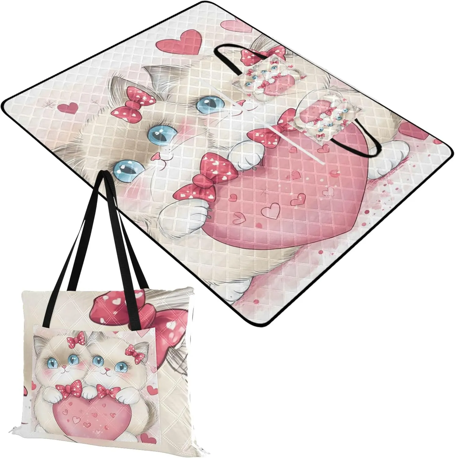 CHIFIGNO Cute Valentine Kittens Heart Pink Pink Picnic Blanket Foldable Sand Proof Beach Blanket Waterproof Floral Outdoor Camping Mat 80" x 60"