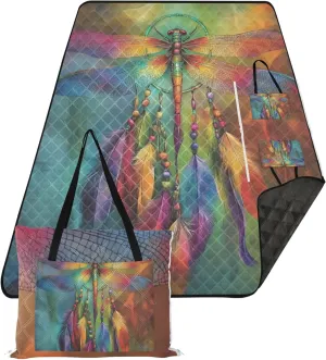 CHIFIGNO Mystical Dragonfly Dreamcatcher Art Sand Blankets for Beach Sandproof, Print Kids Camping Mat for Grass Foldable Mat Picnic Blanket, 80" x 60"