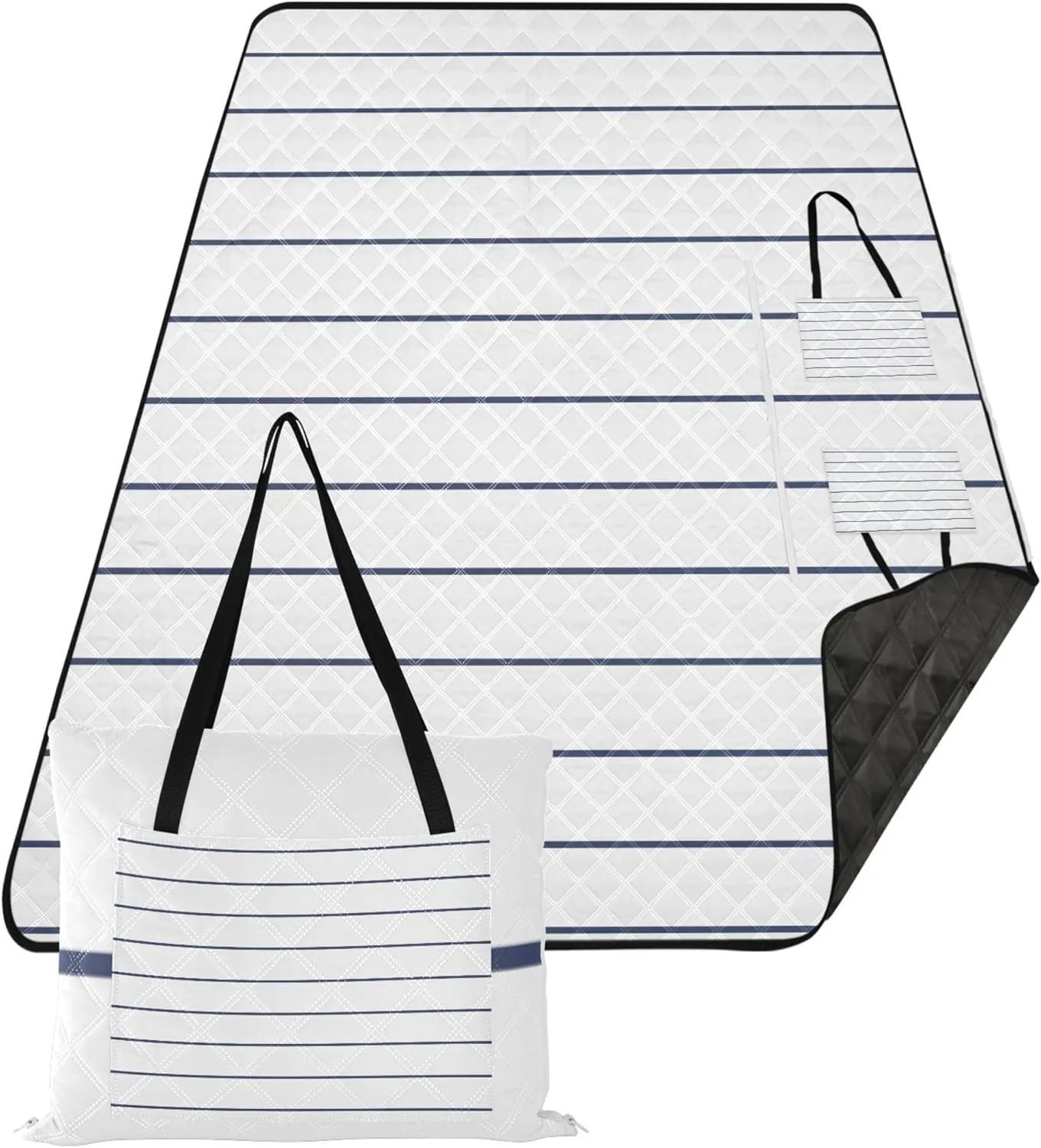 CHIFIGNO Navy Stripes Waterproof Beach Blanket Oversized, Floral Outdoor Camping Mat Cute Picnic Blanket Mat Foldable, 80" x 60"