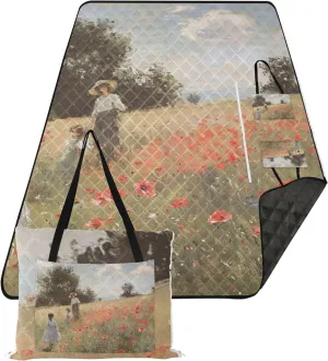 CHIFIGNO Poppies Paintings Garden Scene Cute Picnic Blanket Foldable Sand Free Beach Blanket Waterproof Print Kids Camping Mat for Grass 80" x 60"