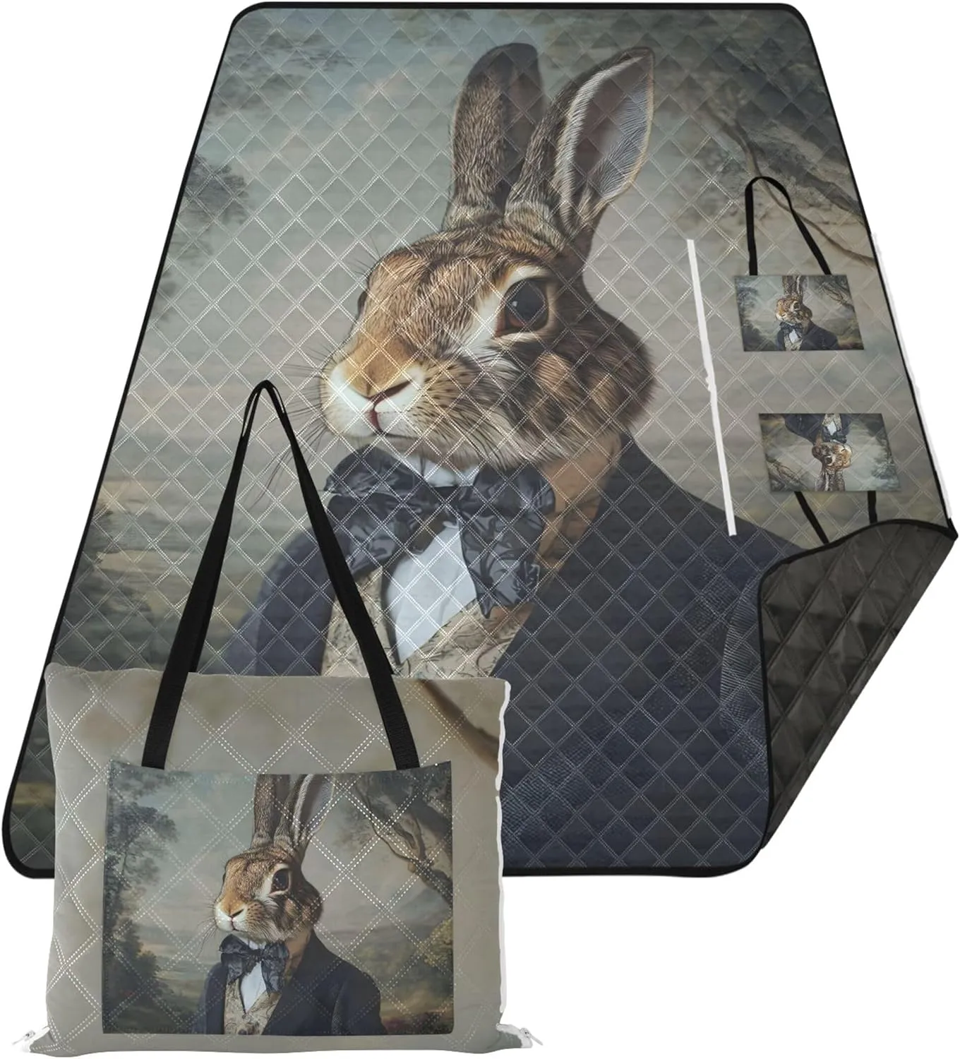 CHIFIGNO Rabbit Funny Animal Foldable Mat Picnic Blanket Waterproof Beach Blanket Sandproof Lawn Blanket for Grass Mat 80" x 60"
