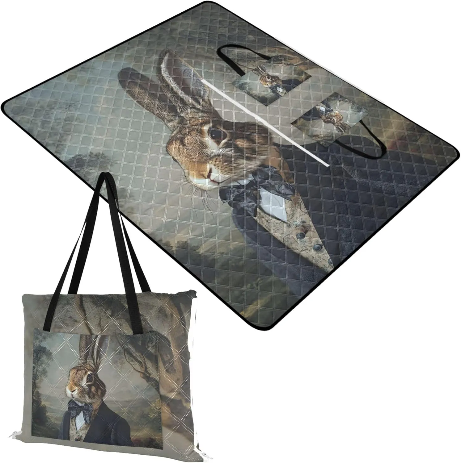 CHIFIGNO Rabbit Funny Animal Foldable Mat Picnic Blanket Waterproof Beach Blanket Sandproof Lawn Blanket for Grass Mat 80" x 60"