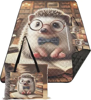 CHIFIGNO Vintage Hedgehog Library Cozy Oversized Beach Blanket Waterproof Picnic Supplies Foldable Mat Grass Blankets for Outdoors 80" x 60"
