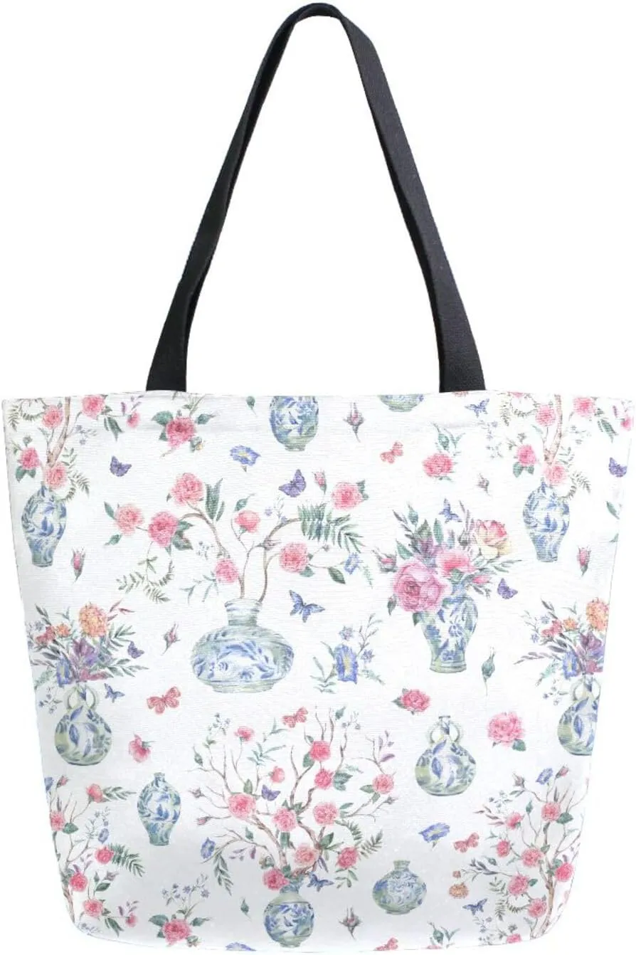 Chinoiserie Porcelain Floral Canvas Tote Bag for Women with Zipper Pocket Reusable Grocery Shopping Bags Large Travel Shoulder Bag Handbag Bags