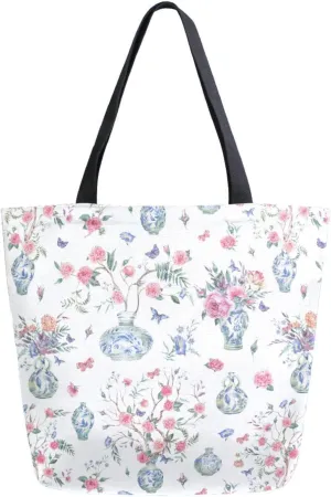 Chinoiserie Porcelain Floral Canvas Tote Bag for Women with Zipper Pocket Reusable Grocery Shopping Bags Large Travel Shoulder Bag Handbag Bags