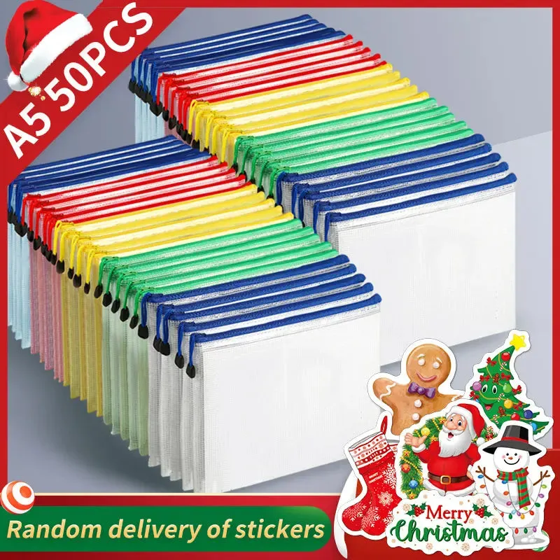 Christmas Stickers A5 Mesh Zipper Bag - Waterproof Document Storage Folder