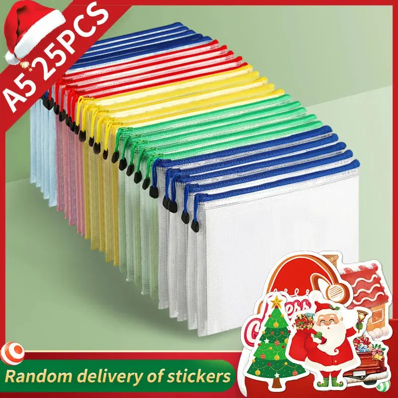 Christmas Stickers A5 Mesh Zipper Bag - Waterproof Document Storage Folder