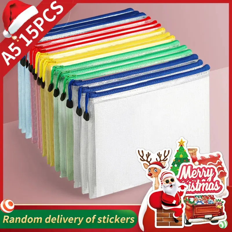 Christmas Stickers A5 Mesh Zipper Bag - Waterproof Document Storage Folder