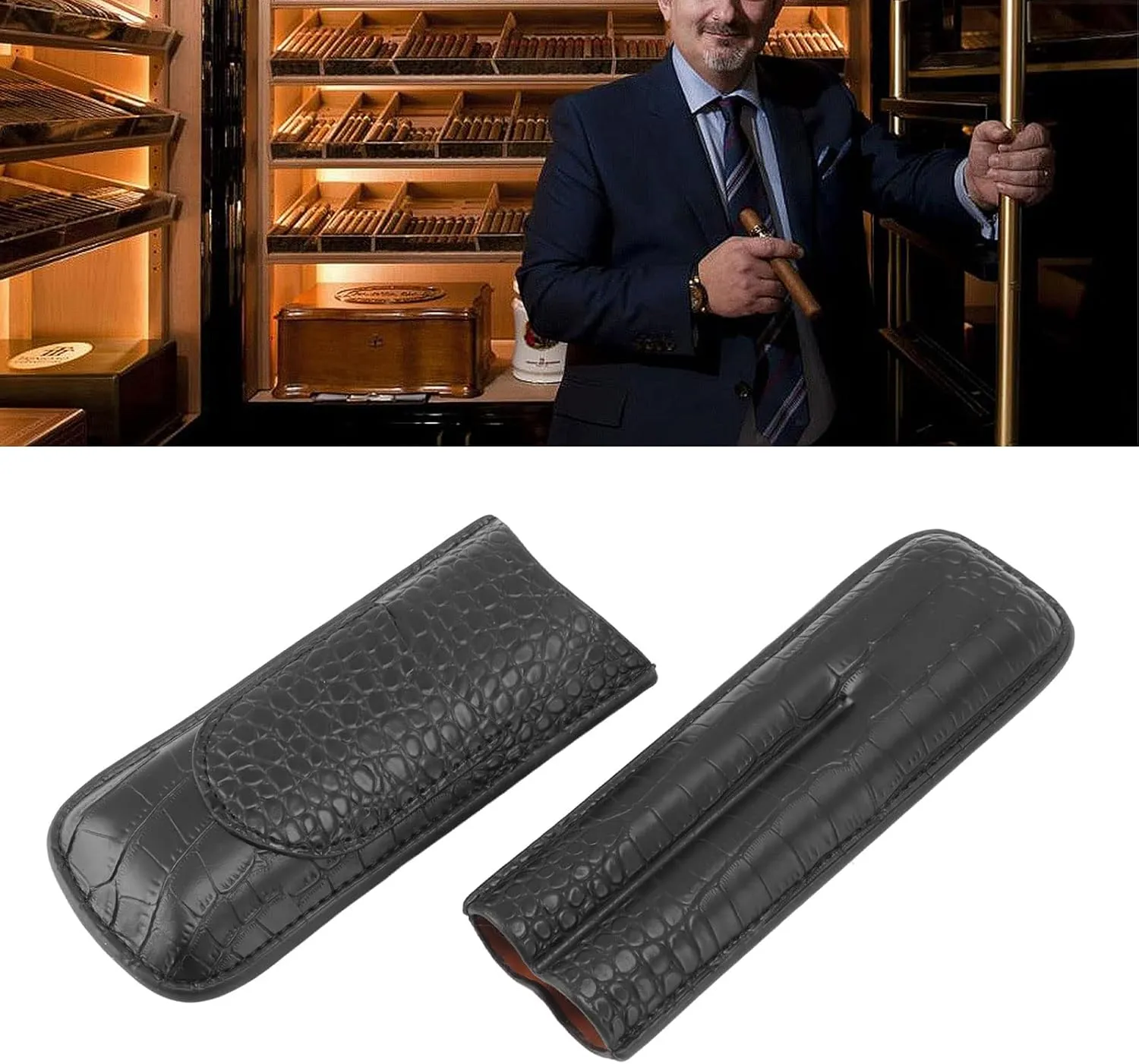 Cigar Case Holder, Soft Leather Cigar Travel Case Cedar Wood Lined Portable Cigar Humidor Box Elegant Cigar Box Great Cigar Accessories for Men (Black)
