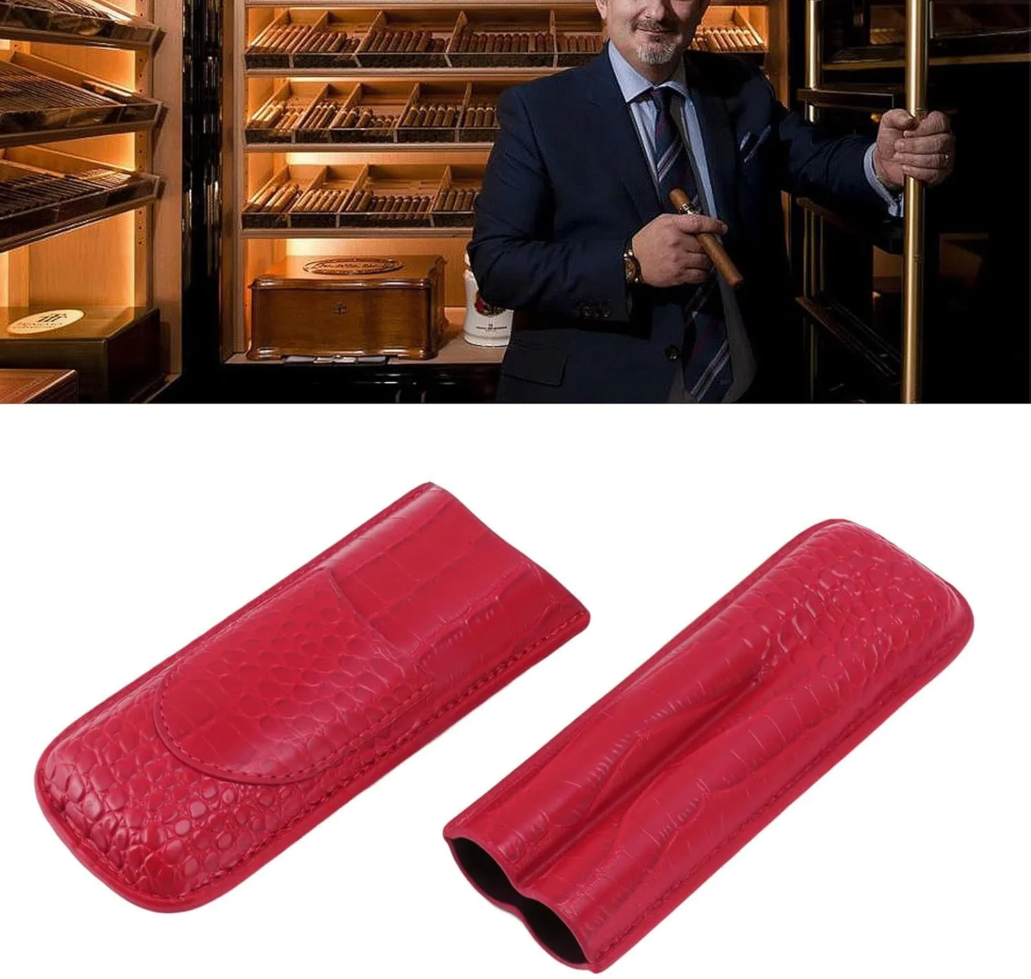 Cigar Case Holder, Soft Leather Cigar Travel Case Cedar Wood Lined Portable Cigar Humidor Box Elegant Cigar Box Great Cigar Accessories for Men (Red)