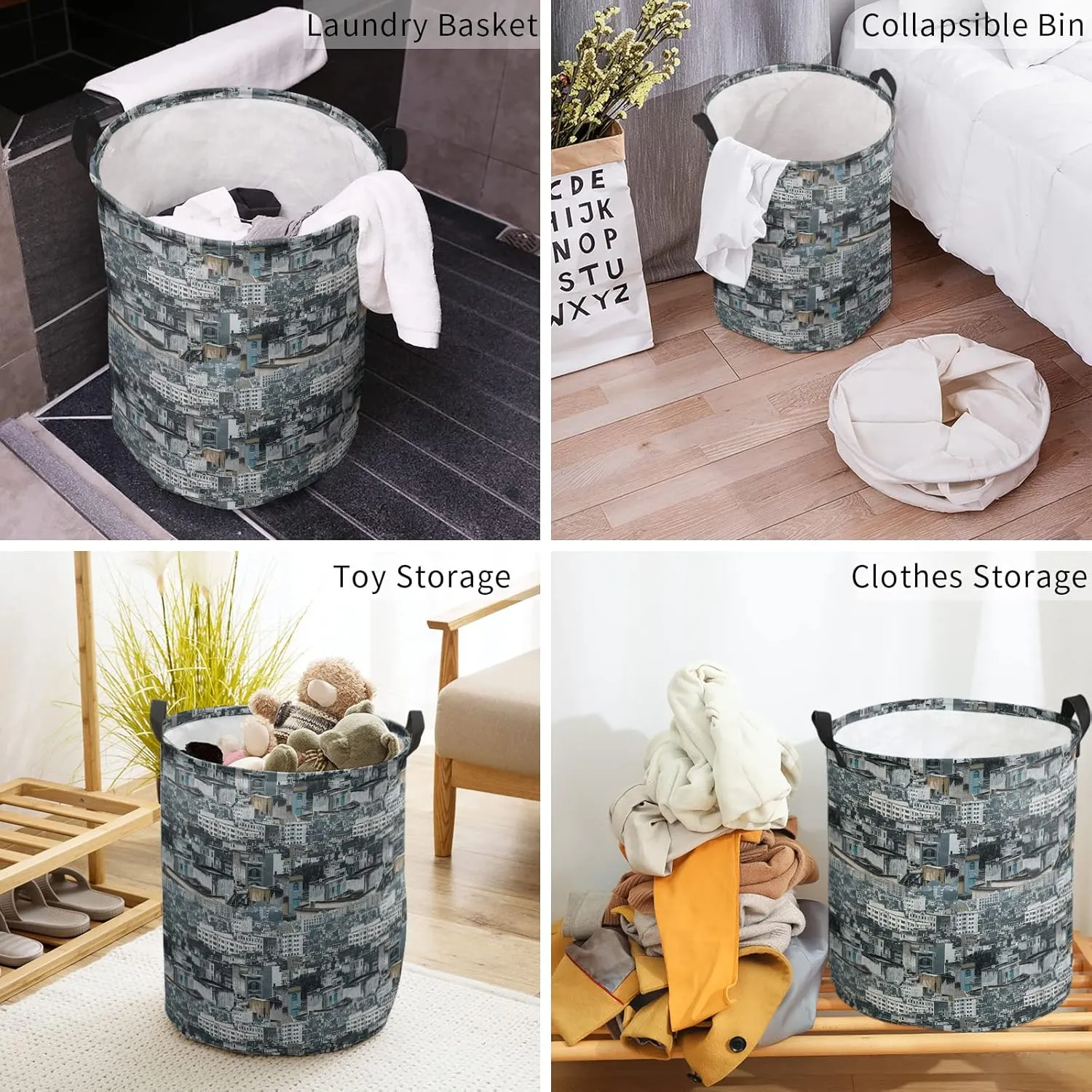 City Pictorial Laundry Basket, Collapsible Bag with Easy Carry Handles, Vintage Shabby Chic Building Urban Landscape Waterproof Foldable Freestanding Hamper, Folding Washing Bin Clothes Storage Round