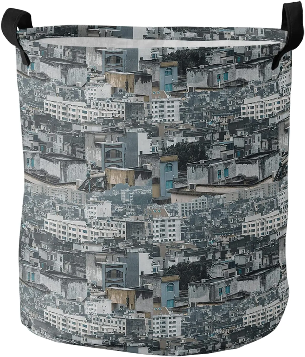 City Pictorial Laundry Basket, Collapsible Bag with Easy Carry Handles, Vintage Shabby Chic Building Urban Landscape Waterproof Foldable Freestanding Hamper, Folding Washing Bin Clothes Storage Round
