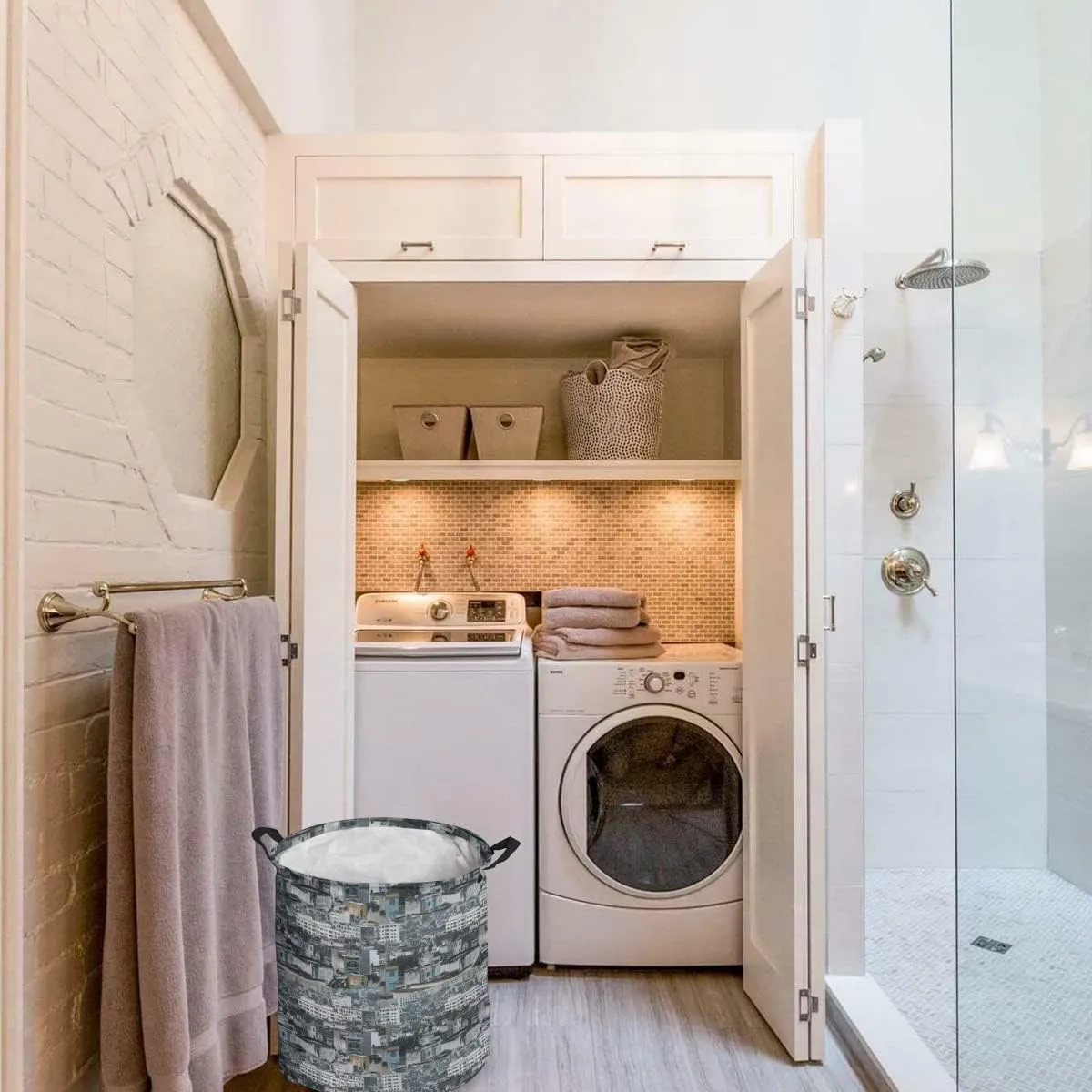 City Pictorial Laundry Basket, Collapsible Bag with Easy Carry Handles, Vintage Shabby Chic Building Urban Landscape Waterproof Foldable Freestanding Hamper, Folding Washing Bin Clothes Storage Round
