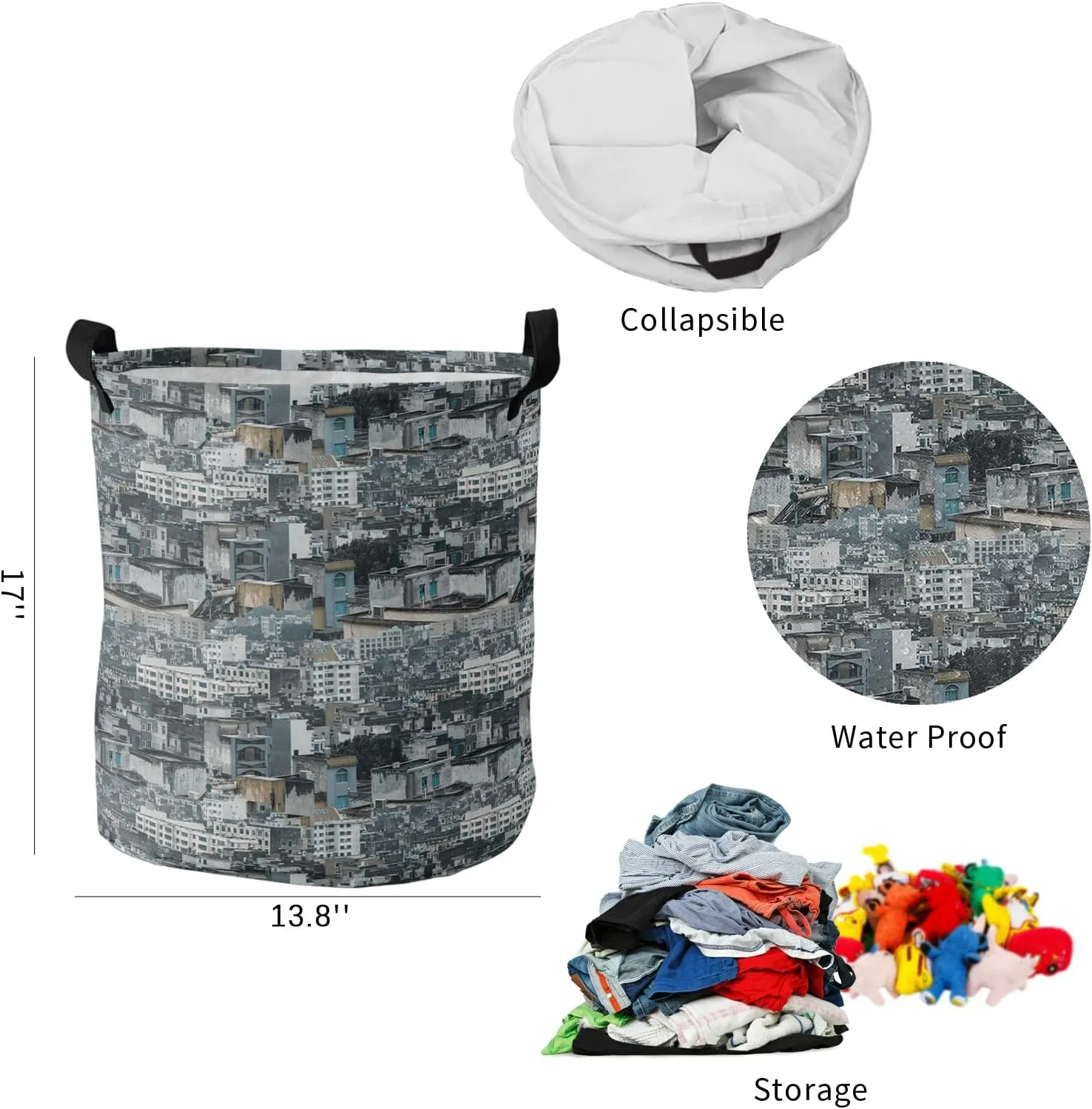 City Pictorial Laundry Basket, Collapsible Bag with Easy Carry Handles, Vintage Shabby Chic Building Urban Landscape Waterproof Foldable Freestanding Hamper, Folding Washing Bin Clothes Storage Round