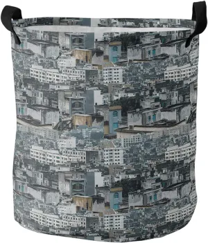 City Pictorial Laundry Basket, Collapsible Bag with Easy Carry Handles, Vintage Shabby Chic Building Urban Landscape Waterproof Foldable Freestanding Hamper, Folding Washing Bin Clothes Storage Round