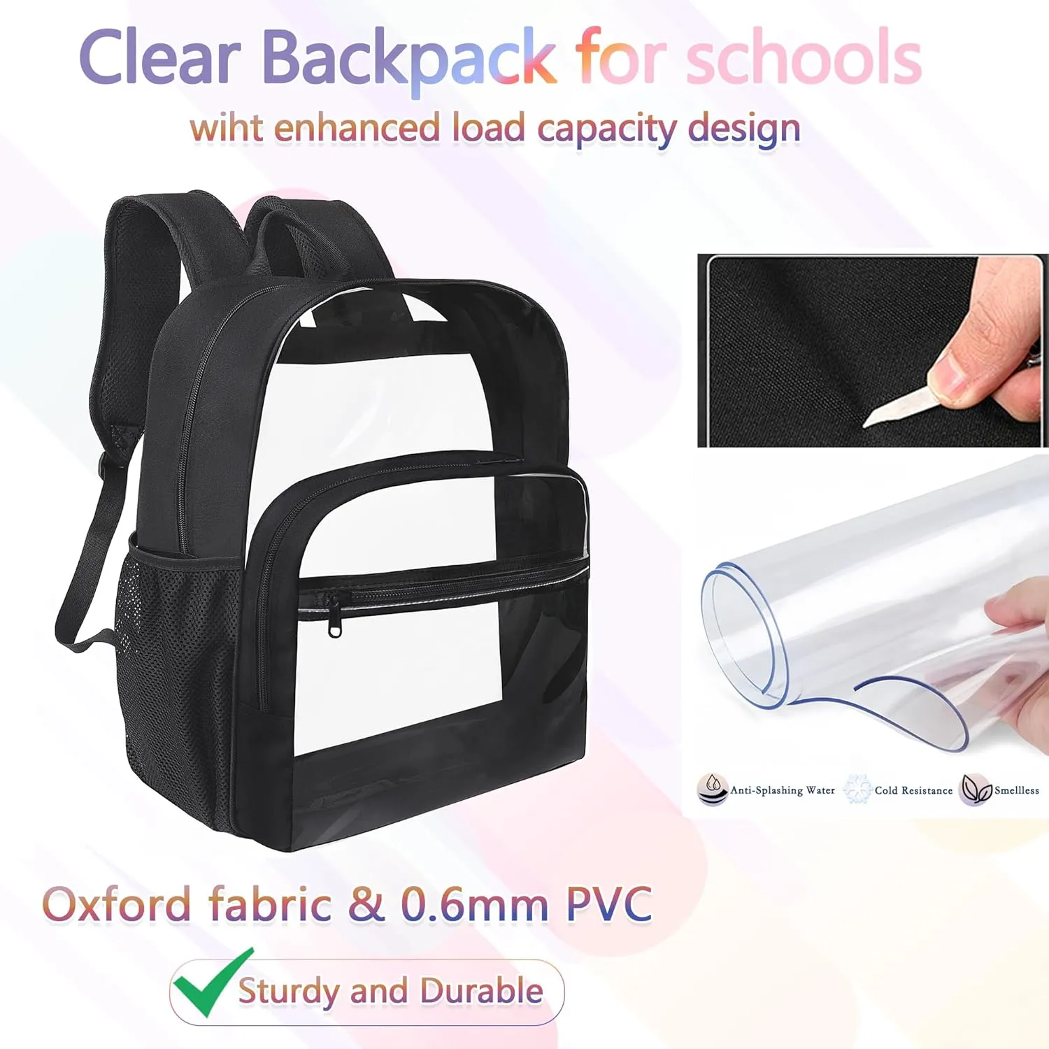 Clear Backpack for School, Heavy Duty Transparent Backpack with 0.6 mm PVC Bookbag 18 inch Clear Bag, Black