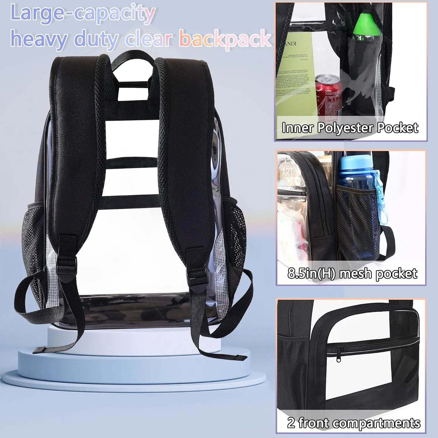 Clear Backpack for School, Heavy Duty Transparent Backpack with 0.6 mm PVC Bookbag 18 inch Clear Bag, Black