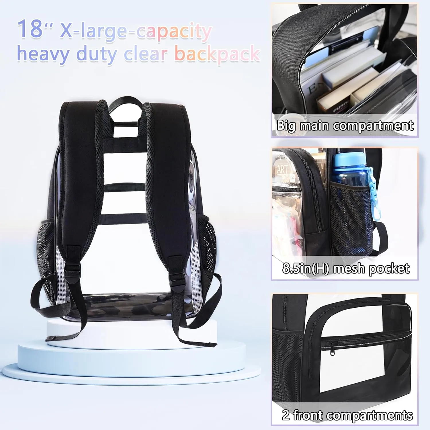 Clear Backpack for School, Heavy Duty Transparent Backpack with 0.6 mm PVC Bookbag 18 inch Clear Bag,Light purple