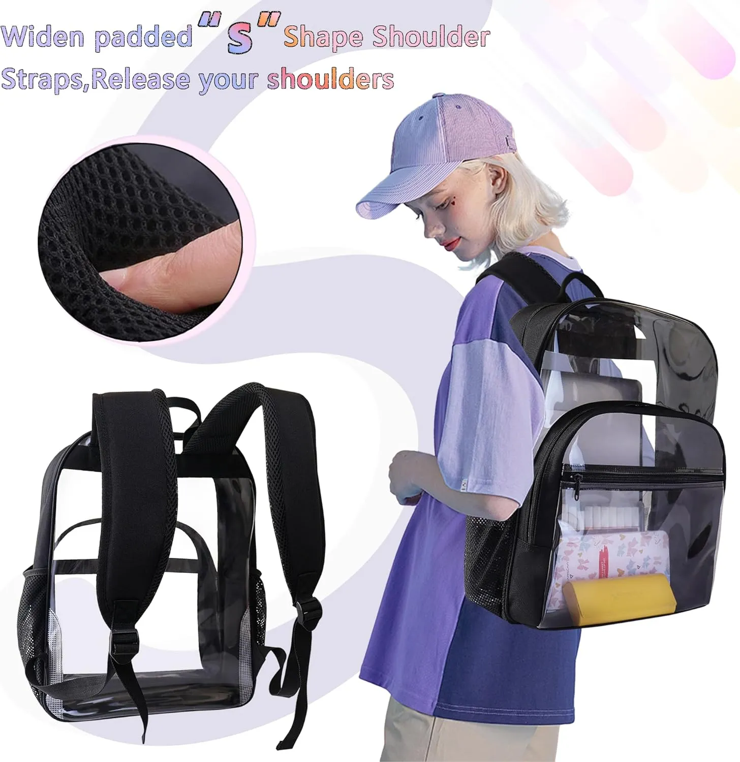 Clear Backpack for School, Heavy Duty Transparent Backpack with 0.6 mm PVC Bookbag 18 inch Clear Bag,Light purple