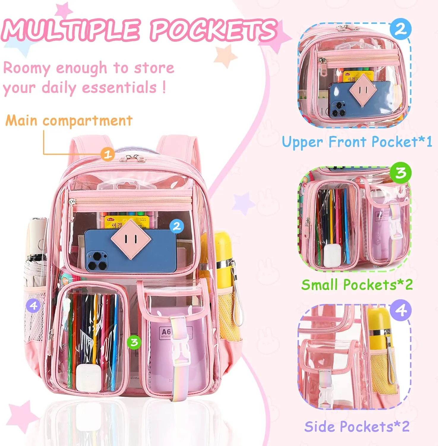 Clear Backpack for School,Heavy Duty PVC Transparent Bookbag for Girls Stadium Approved See Through Backpack