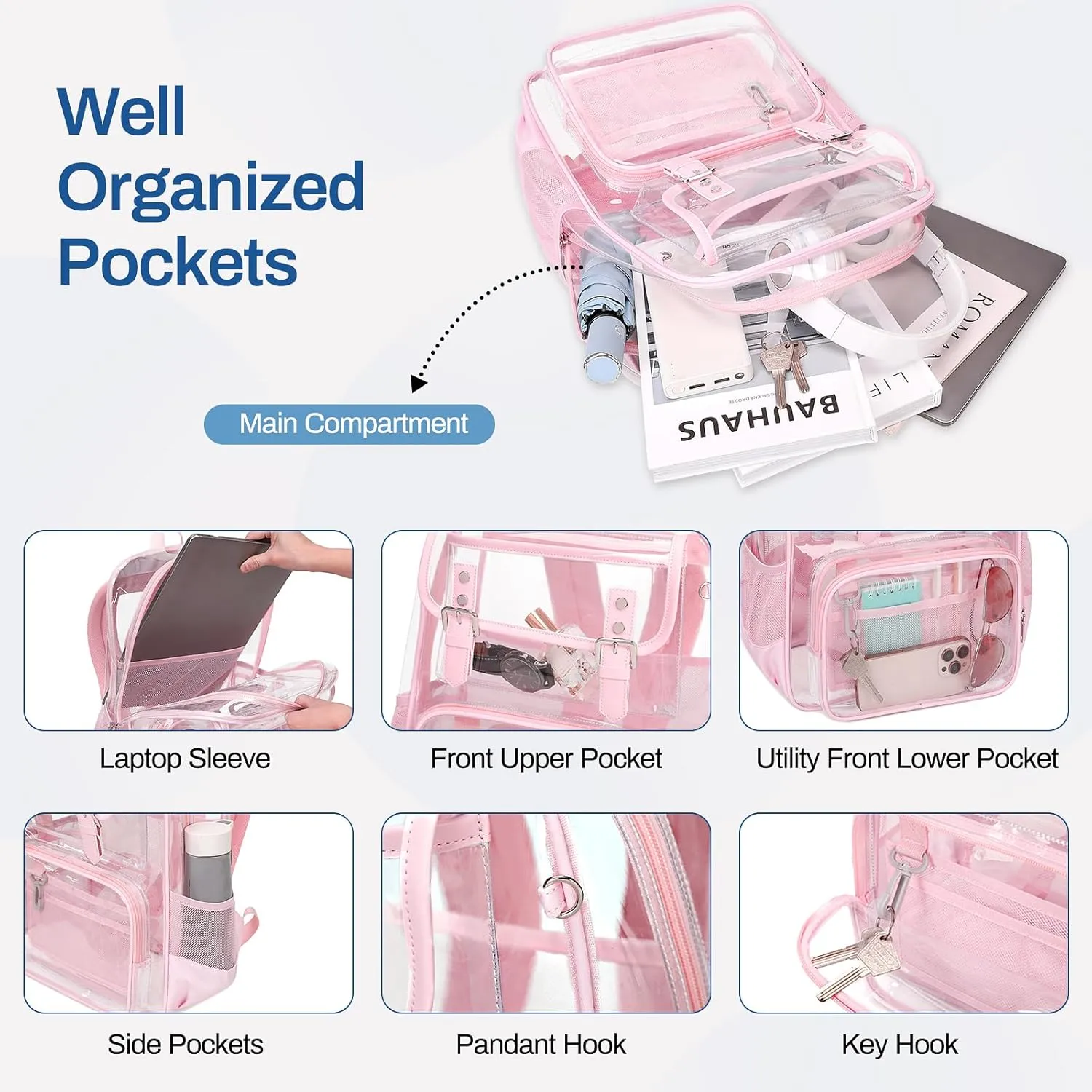 Clear Backpack Heavy Duty, PVC Clear Bookbag Transparent Backpack See Through Bag for Stadium College for Adult Women, Pink