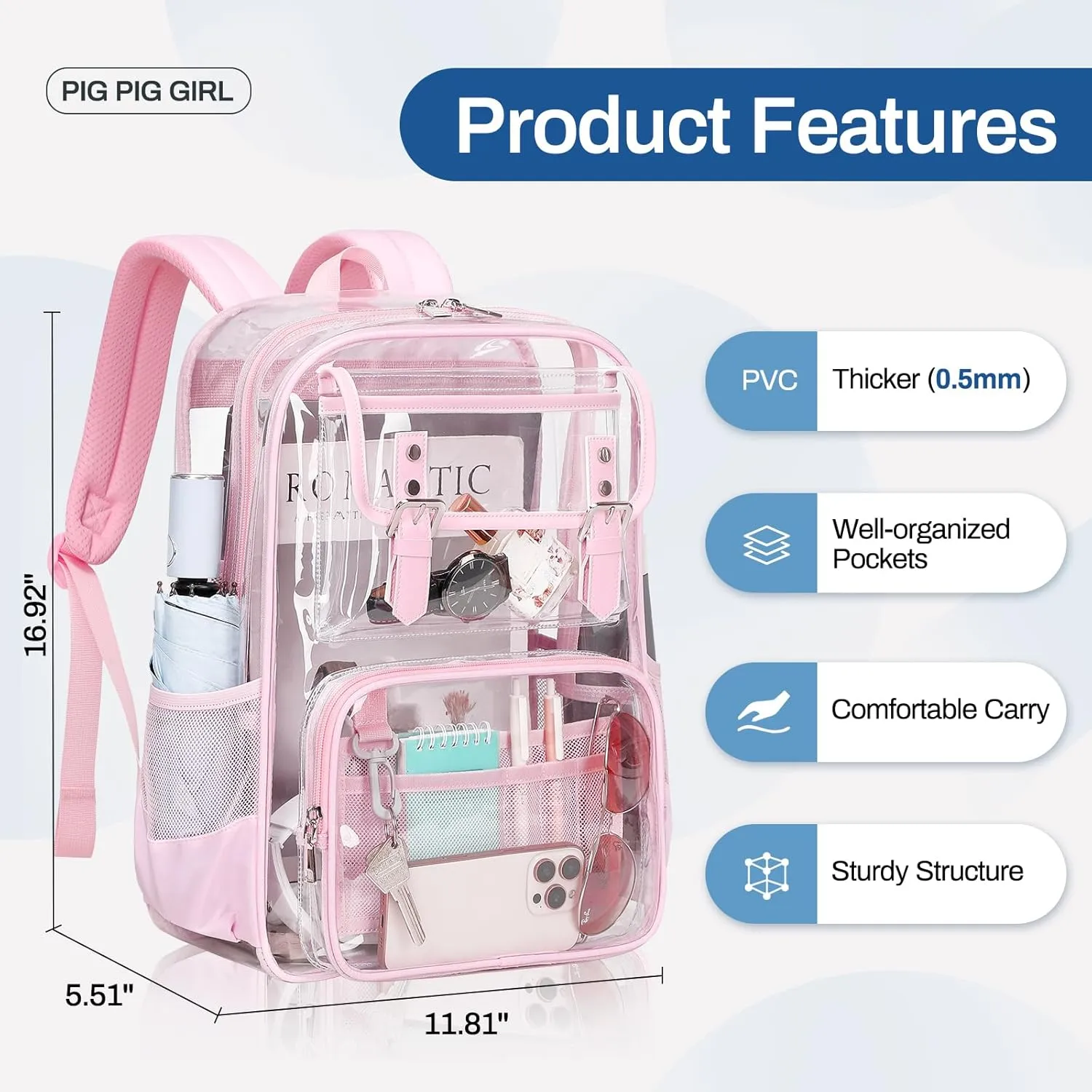 Clear Backpack Heavy Duty, PVC Clear Bookbag Transparent Backpack See Through Bag for Stadium College for Adult Women, Pink