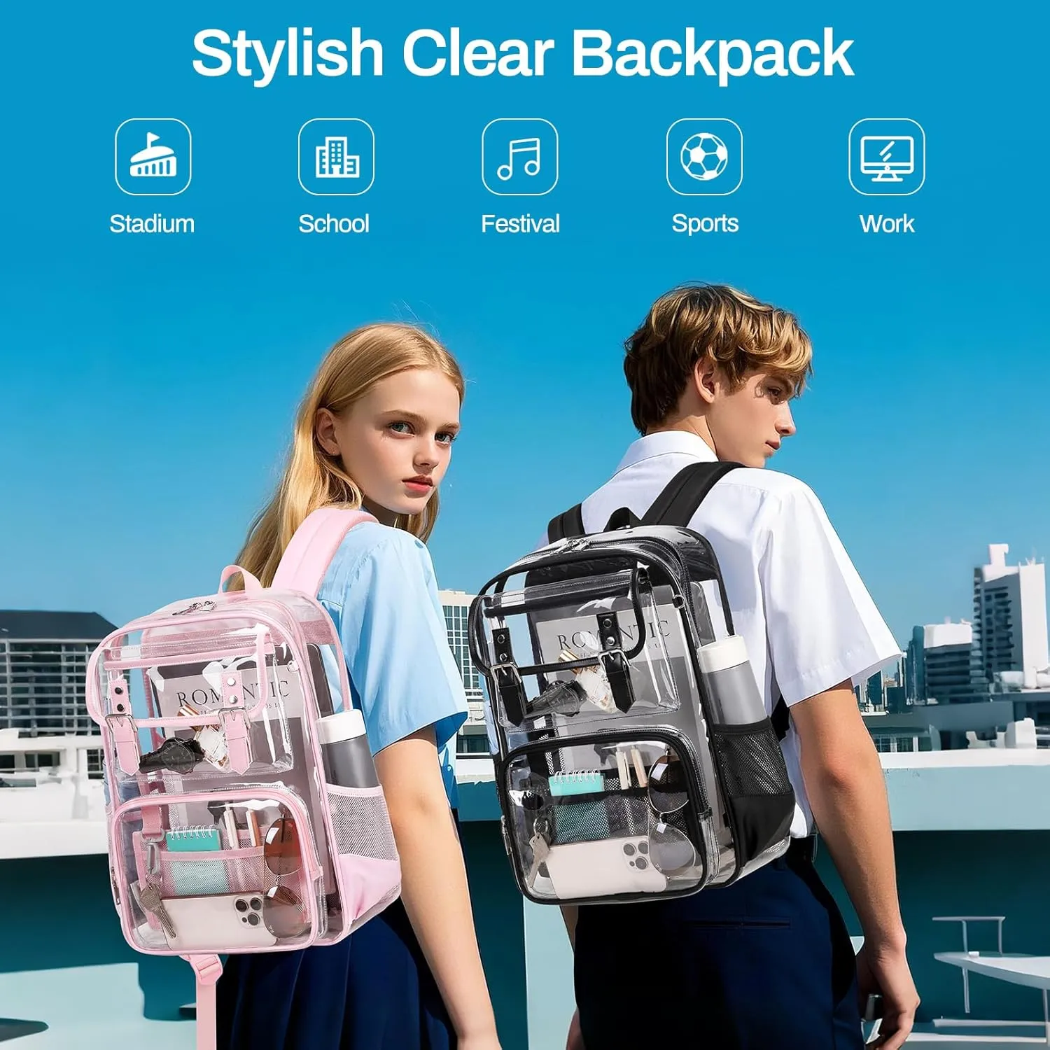 Clear Backpack Heavy Duty, PVC Clear Bookbag Transparent Backpack See Through Bag for Stadium College for Adult Women, Pink