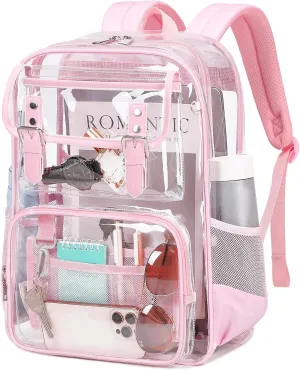 Clear Backpack Heavy Duty, PVC Clear Bookbag Transparent Backpack See Through Bag for Stadium College for Adult Women, Pink