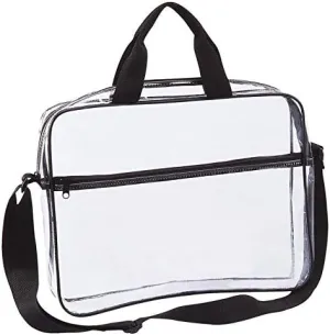 Clear Portfolio Briefcase Messenger Bag with Handles Work Document Storage Holder Transparent Travel File Organizer with Front Zipper Pouch & Pen Pocket On Side