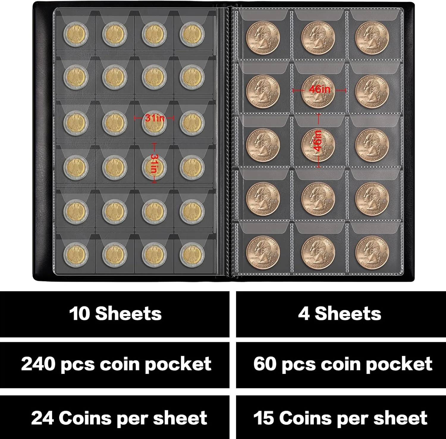 Coin Collection Book Holder Album for Collectors, 300 Pockets Coins Display Storage Case, Collecting Sleeves Organizer Box for Collections Supplies, Money Currency, Pennies (Green)