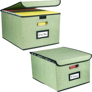 Collapsible File Organizer Box, filing Storage boxes for hanging files with lid, Linen Portable file folder box with handle, Decorative Document Storage Bin for Office/Home/School/Décor(Green)