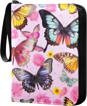 Colorful Butterfly Card Binder 4-Pockets, 400 Pockets Card Holder with 50 Removable Sleeves, Trading Card Collector Zipper Album Holder, Collector Album