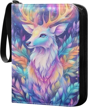 Colorful Deer Leaves and Stars Cards Binder 4 Pocket Fits 400 Cards with 50 Removable Sleevesves, Trading Card Collector Zipper Album Holder Portable Card Games Display Storage Cases
