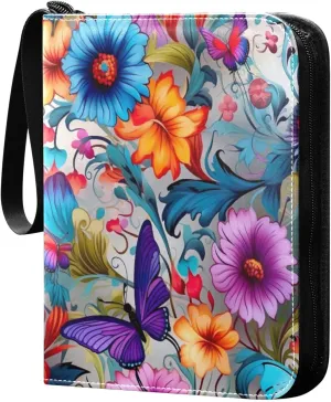 Colorful Floral Card Binder 4 Pocket Trading Card Album Fits 400 Sports/Game Cards, PU Cover 3 Ring Card Collection with 50 Removable Sleeves
