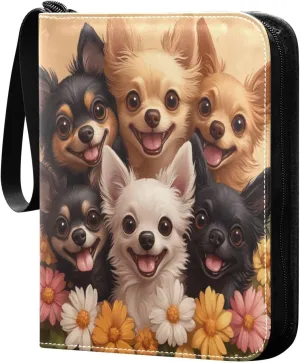 Colorful Flowers and Dogs Cards Binder 4 Pocket Fits 400 Cards with 50 Removable Sleevesves, Trading Card Collector Zipper Album Holder Portable Card Games Display Storage Cases